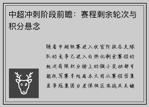 中超冲刺阶段前瞻：赛程剩余轮次与积分悬念